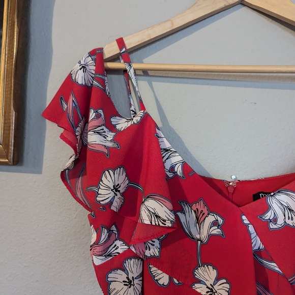Roz & Ali Red Floral Midi Cold Shoulder Dress Size 16 - Picture 3 of 9